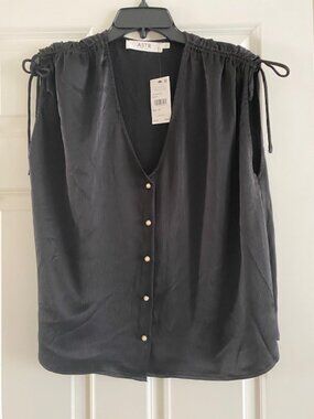 Astr The Label Women Black Shirred Short Sleeve Button Front Blouse Size XL